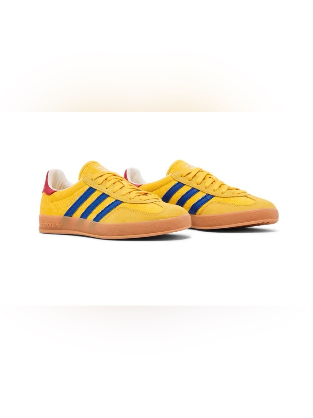 adidas Gazelle Yellow Suede Sneakers with Blue Stripes and Red Heel